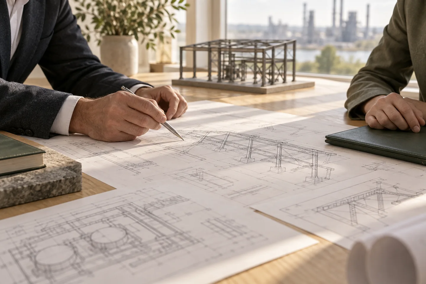 Engineering drawings reviewed across a meeting table
