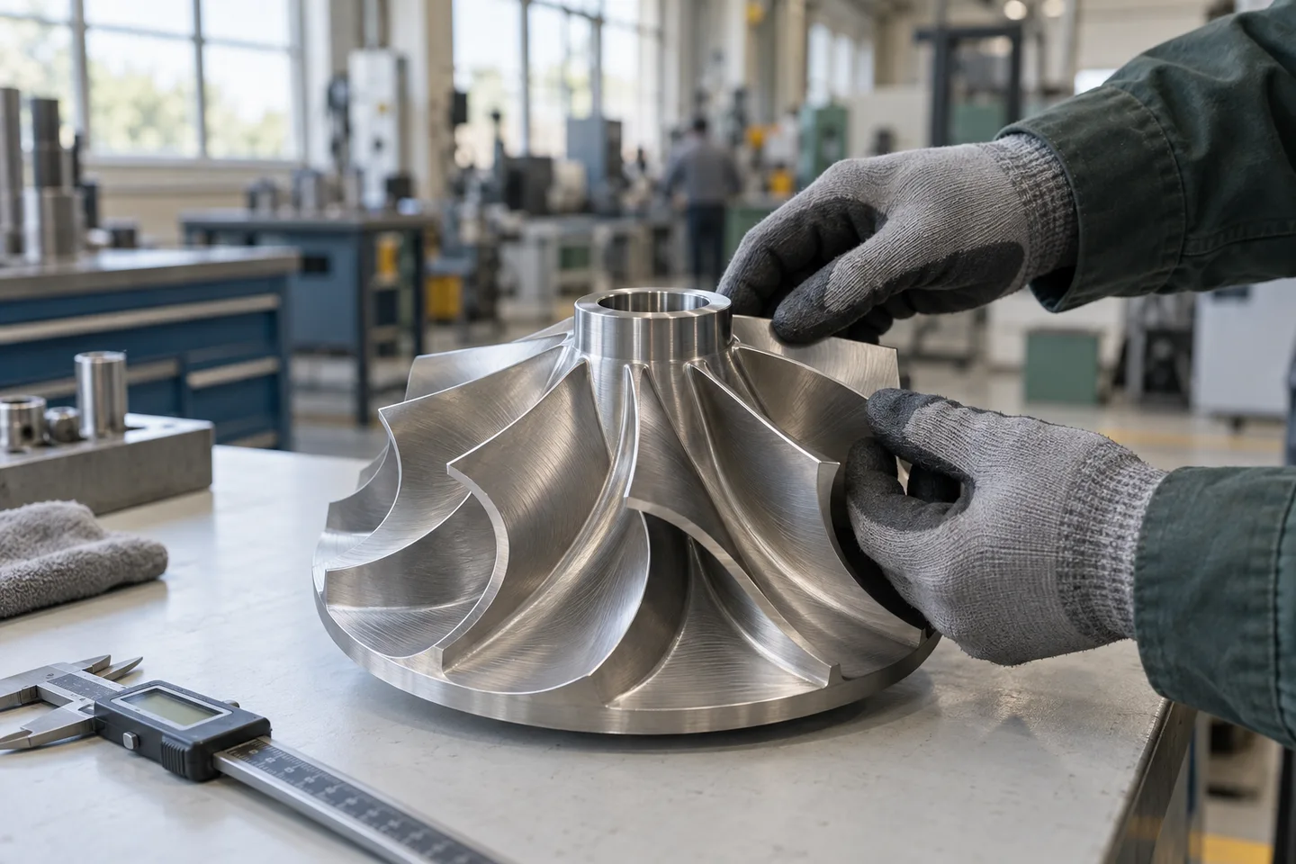 Precision inspection of a machined metal component on a workbench