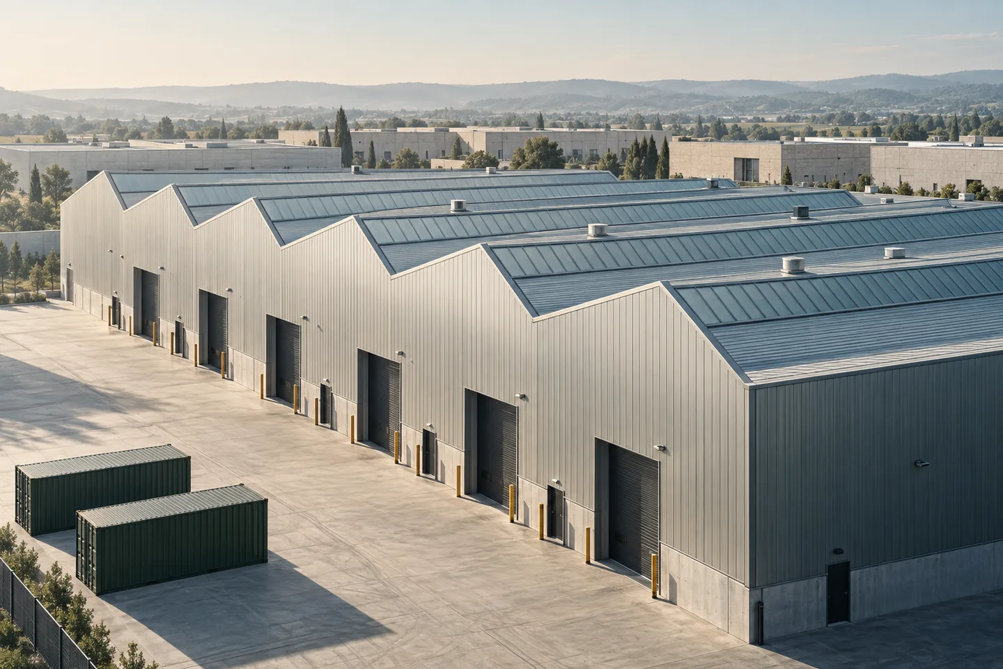 Rhythmic rooflines and structures of industrial buildings in daylight