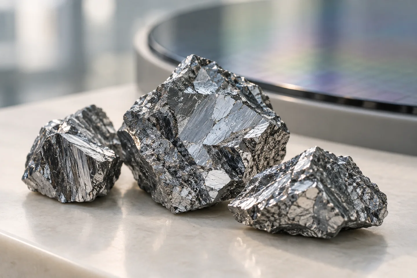 Silver silicon crystals with a silicon wafer in the background